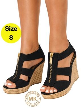 MICHAEL KORS 🖤 Black, Gold Cutout Wedge Sandals, Espadrilles (Women’s Size 8)